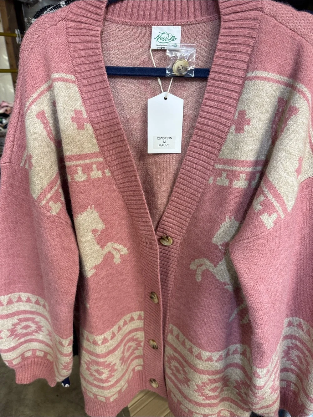 D82. Pink Horse Pattern V-Neck Button Cardigan Sweater
